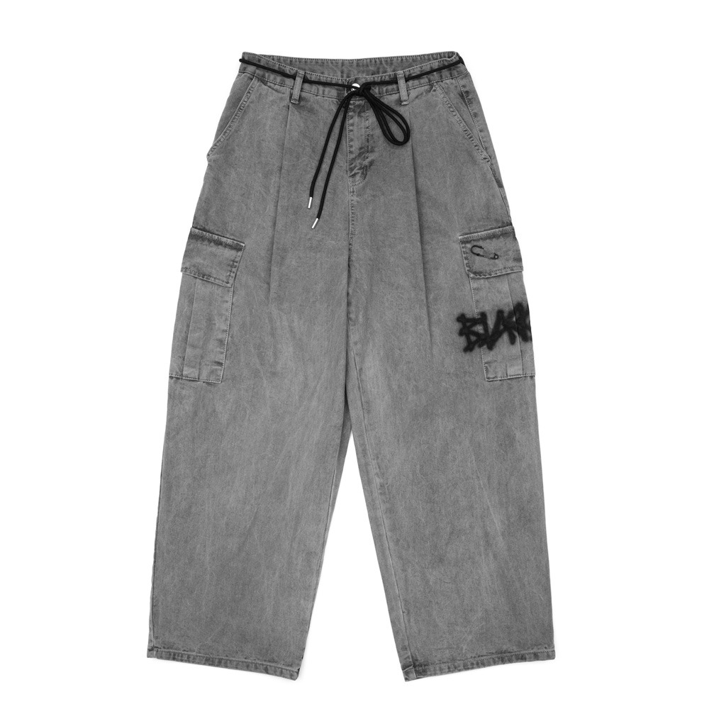 BBD Graffiti Logo Wide Denim Cargo Pants (Gray)